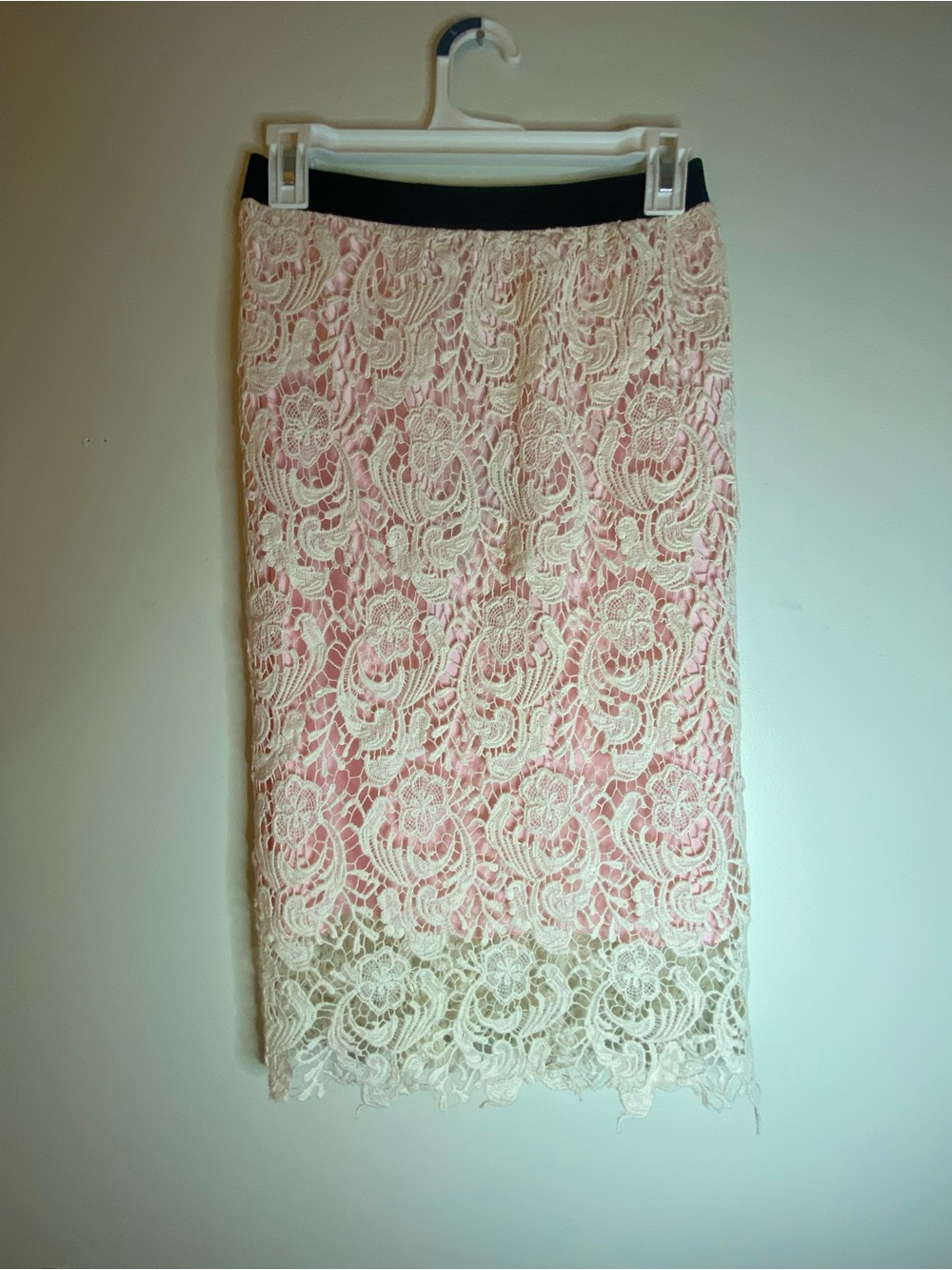 Pink Martini Pink Lace Pencil Skirt with Black Waistband